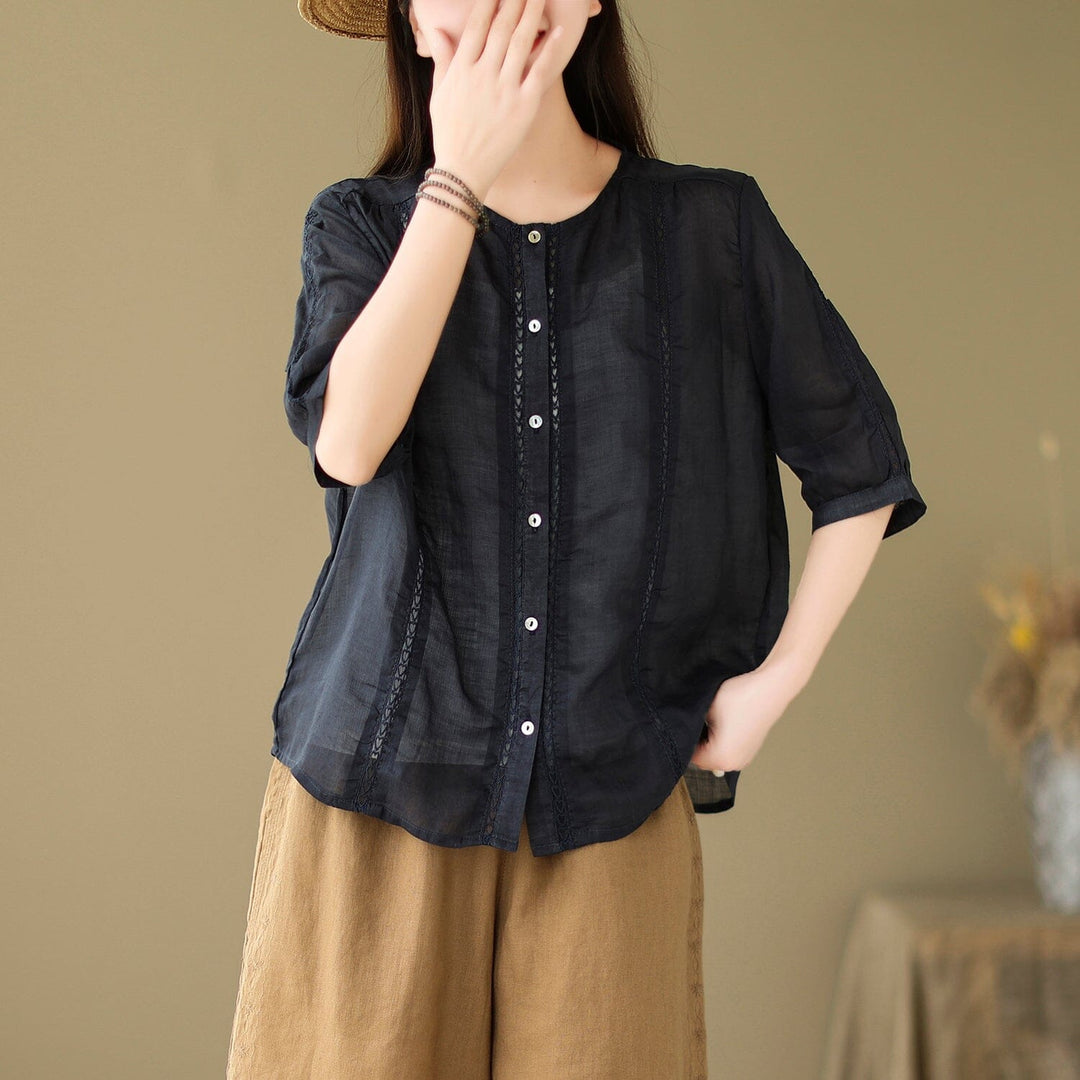 Summer Women Linen Patchwork Blouse Half Sleeve