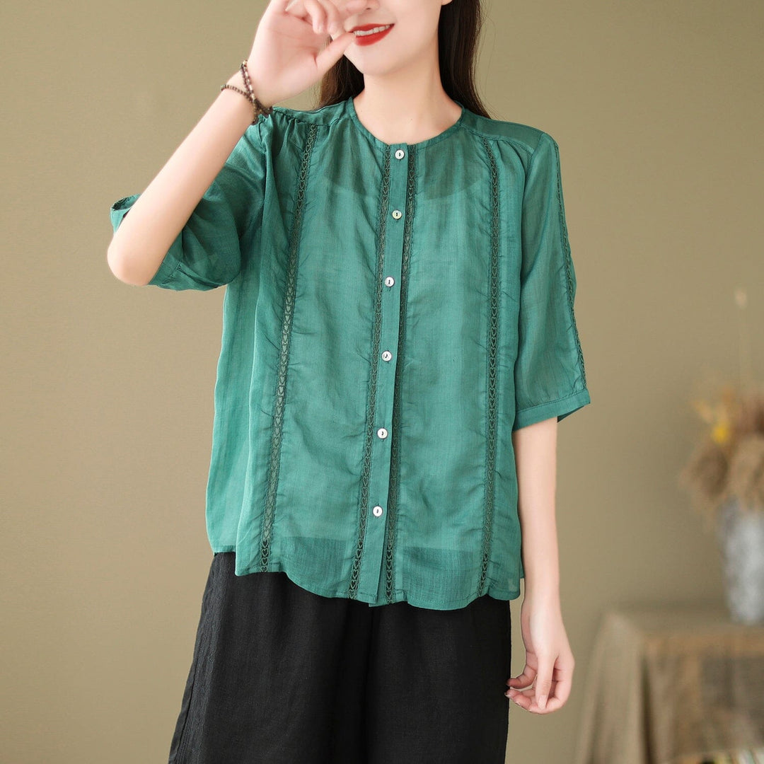 Summer Women Linen Patchwork Blouse Half Sleeve