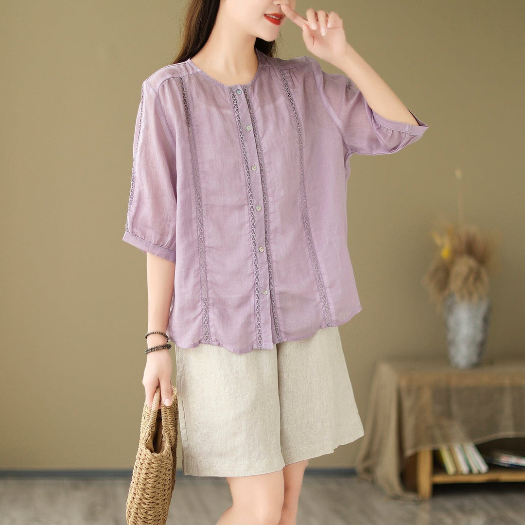 Summer Women Linen Patchwork Blouse Half Sleeve