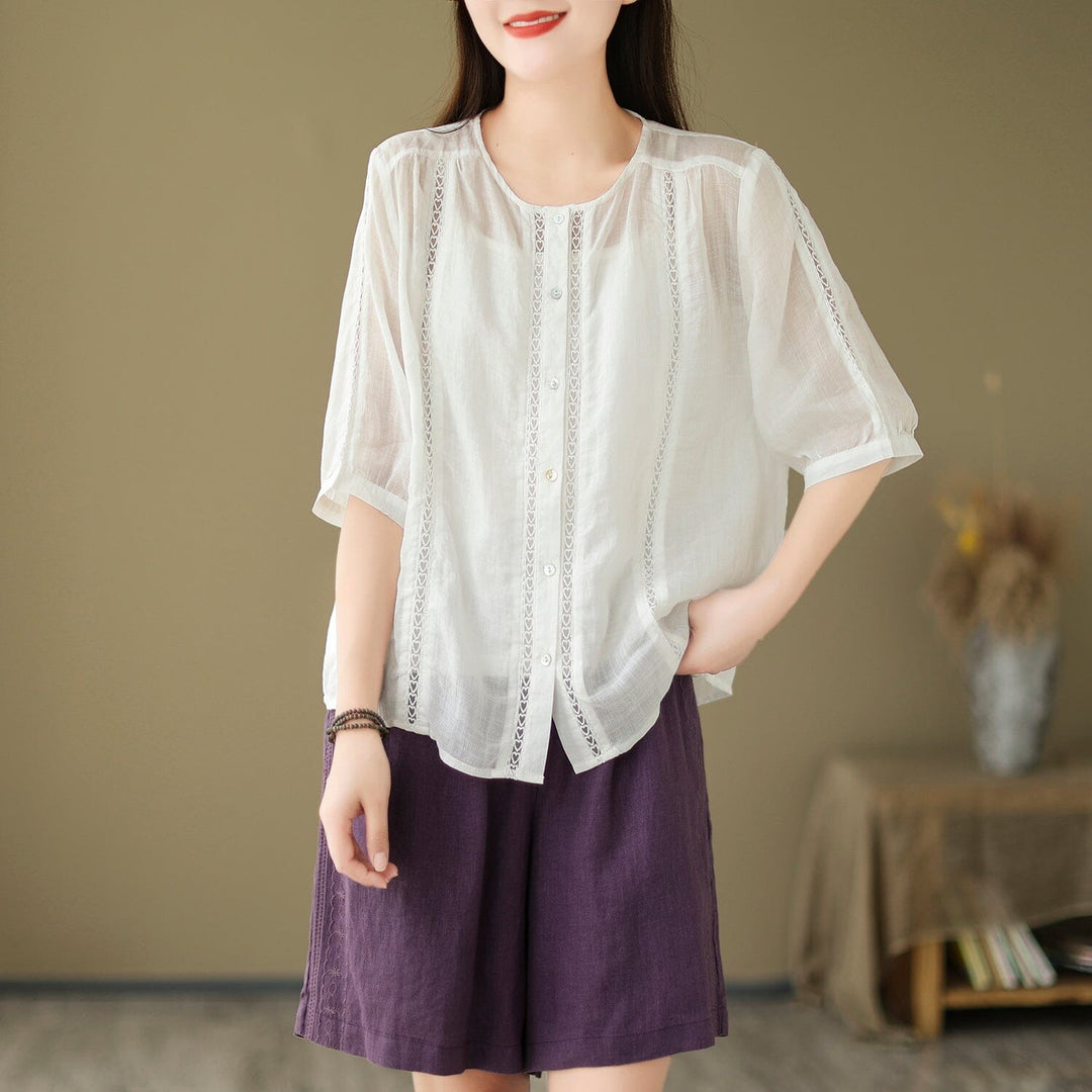 Summer Women Linen Patchwork Blouse Half Sleeve