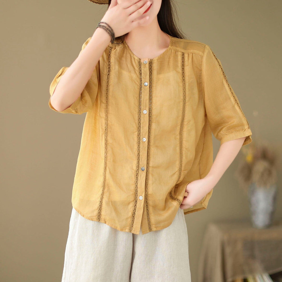 Summer Women Linen Patchwork Blouse Half Sleeve