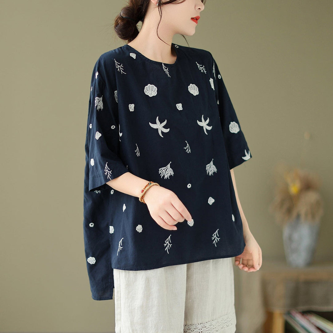 Women Summer Loose Casual Embroidery T-Shirt