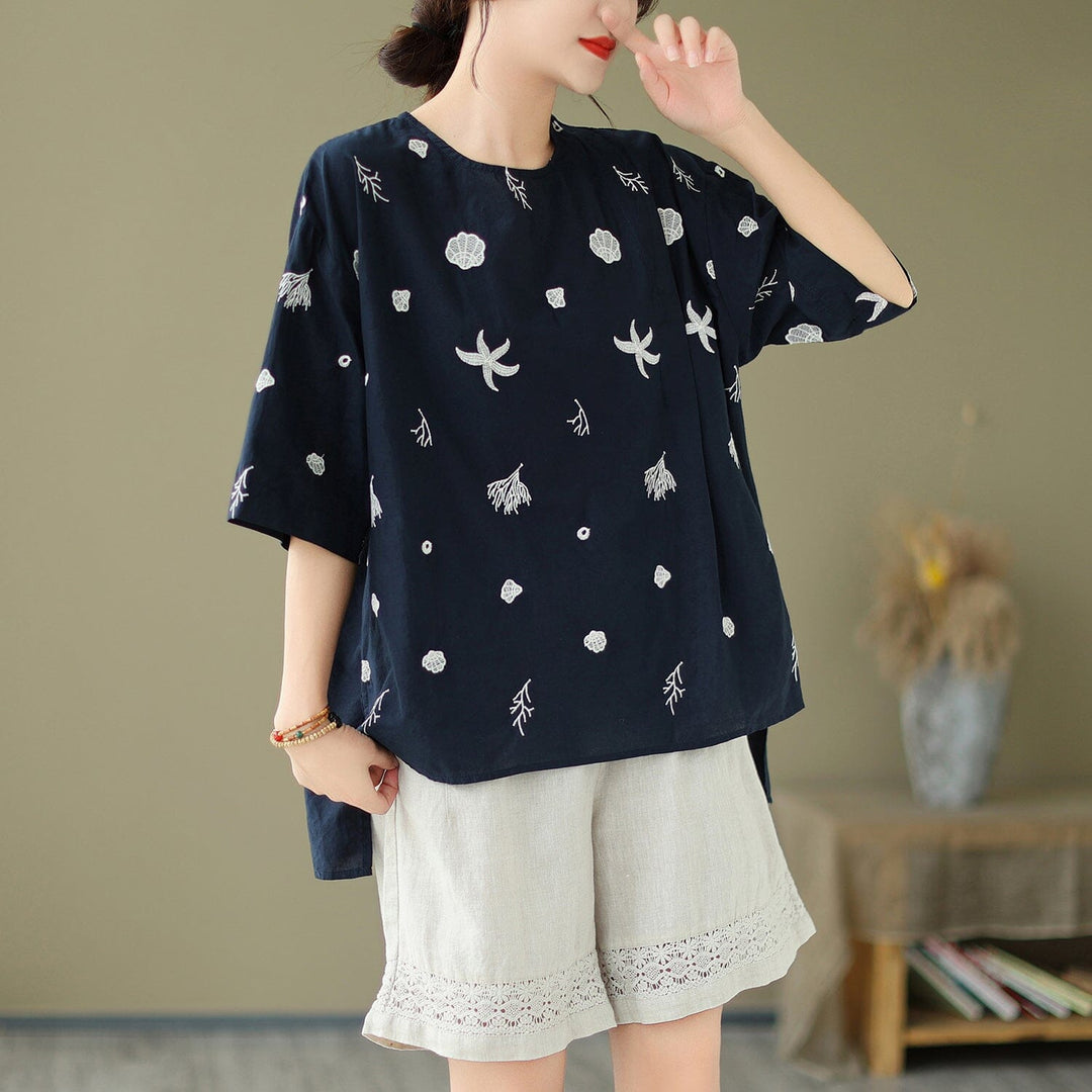 Women Summer Loose Casual Embroidery T-Shirt