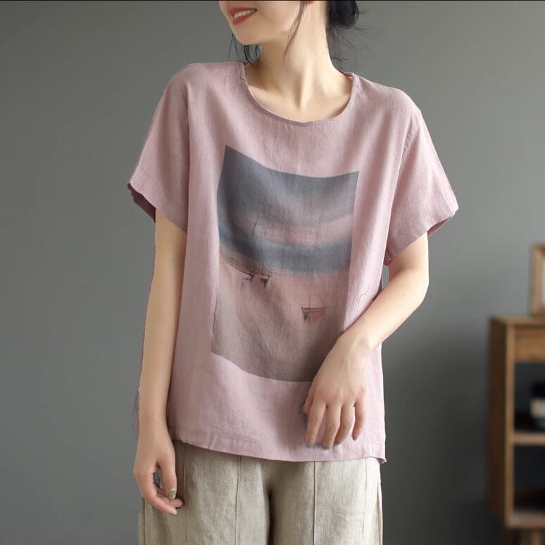 Women Summer Loose Casual Retro Linen T-Shirt