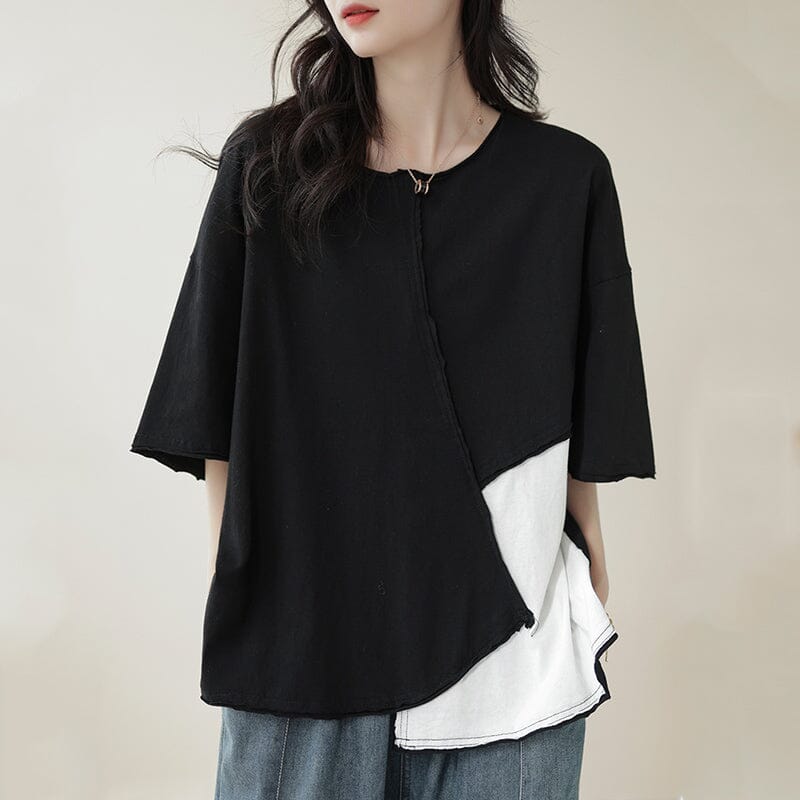 Women Summer Loose Patchwork Cotton T-Shirt