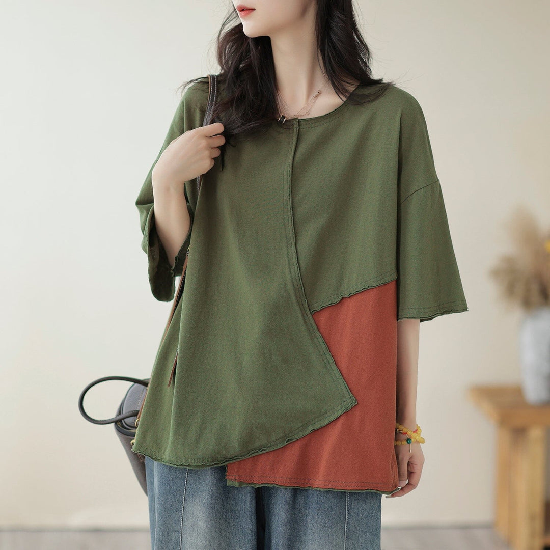 Women Summer Loose Patchwork Cotton T-Shirt