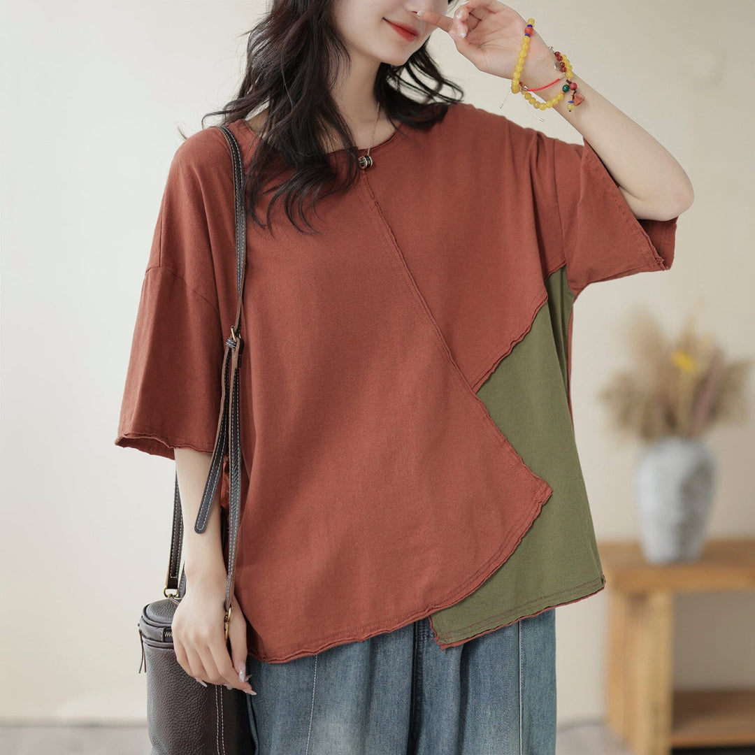 Women Summer Loose Patchwork Cotton T-Shirt