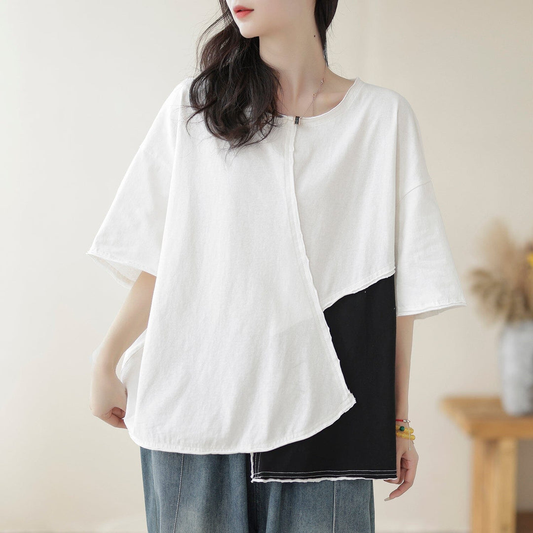 Women Summer Loose Patchwork Cotton T-Shirt