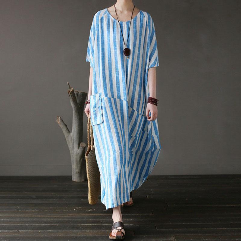 women summer maxi dress Loose fitting Retro Loose Round Neck Short Sleeve Blue Stripe Dress - Omychic