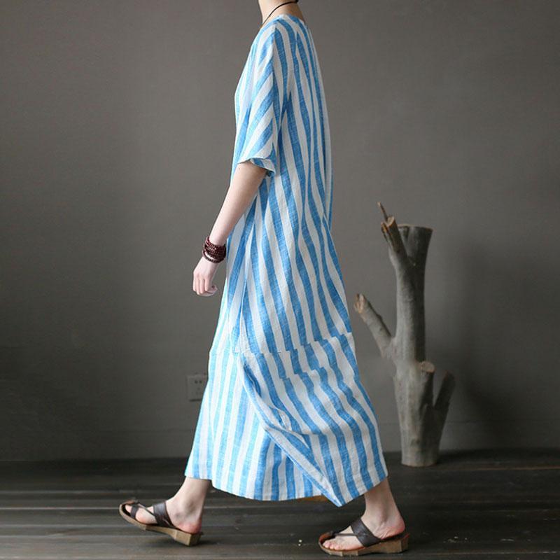 women summer maxi dress Loose fitting Retro Loose Round Neck Short Sleeve Blue Stripe Dress - Omychic