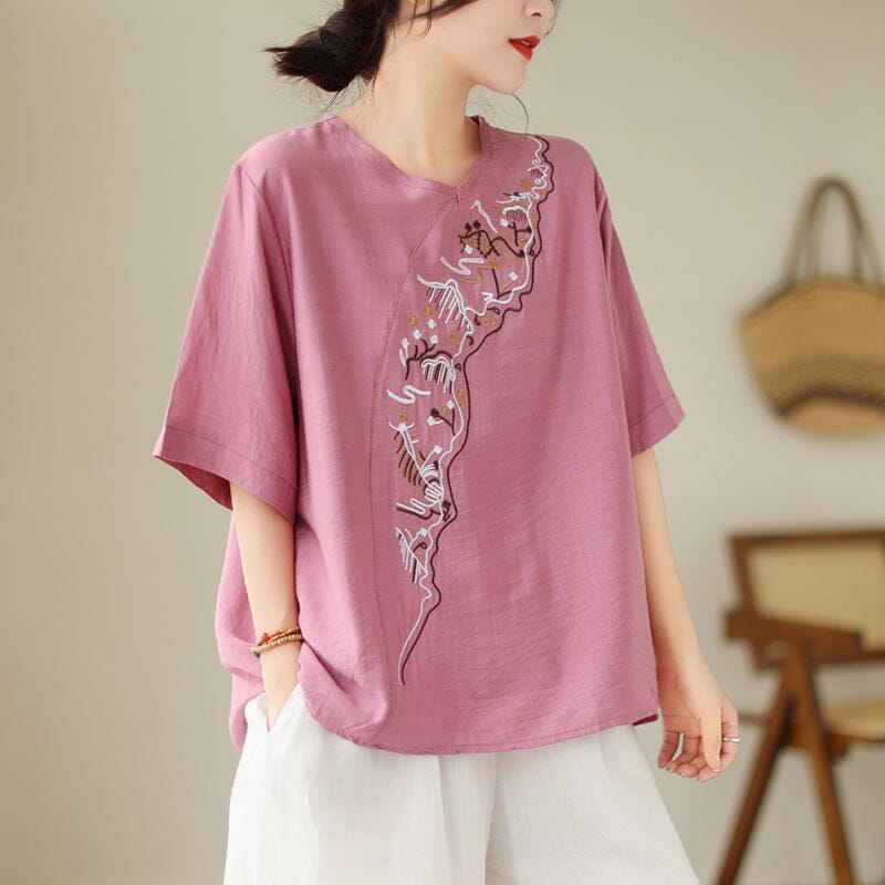 Women Summer Retro Embroidery Loose Casual Tops