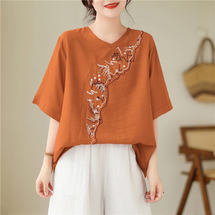 Women Summer Retro Embroidery Loose Casual Tops