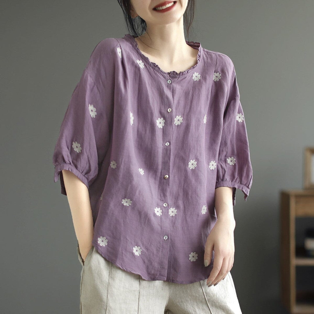 Women Summer Retro Embroidery Linen Blouse