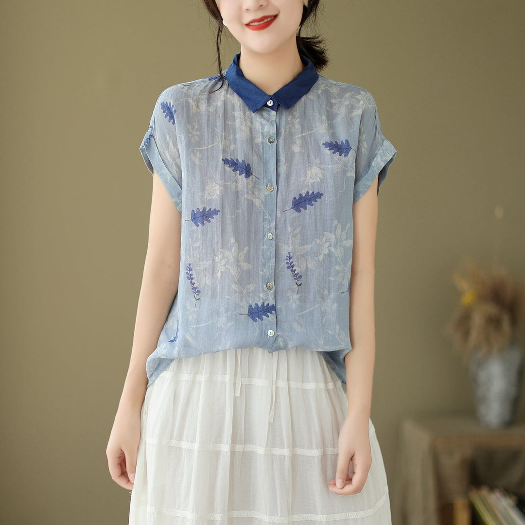 Women Summer Retro Floral Linen Blouse