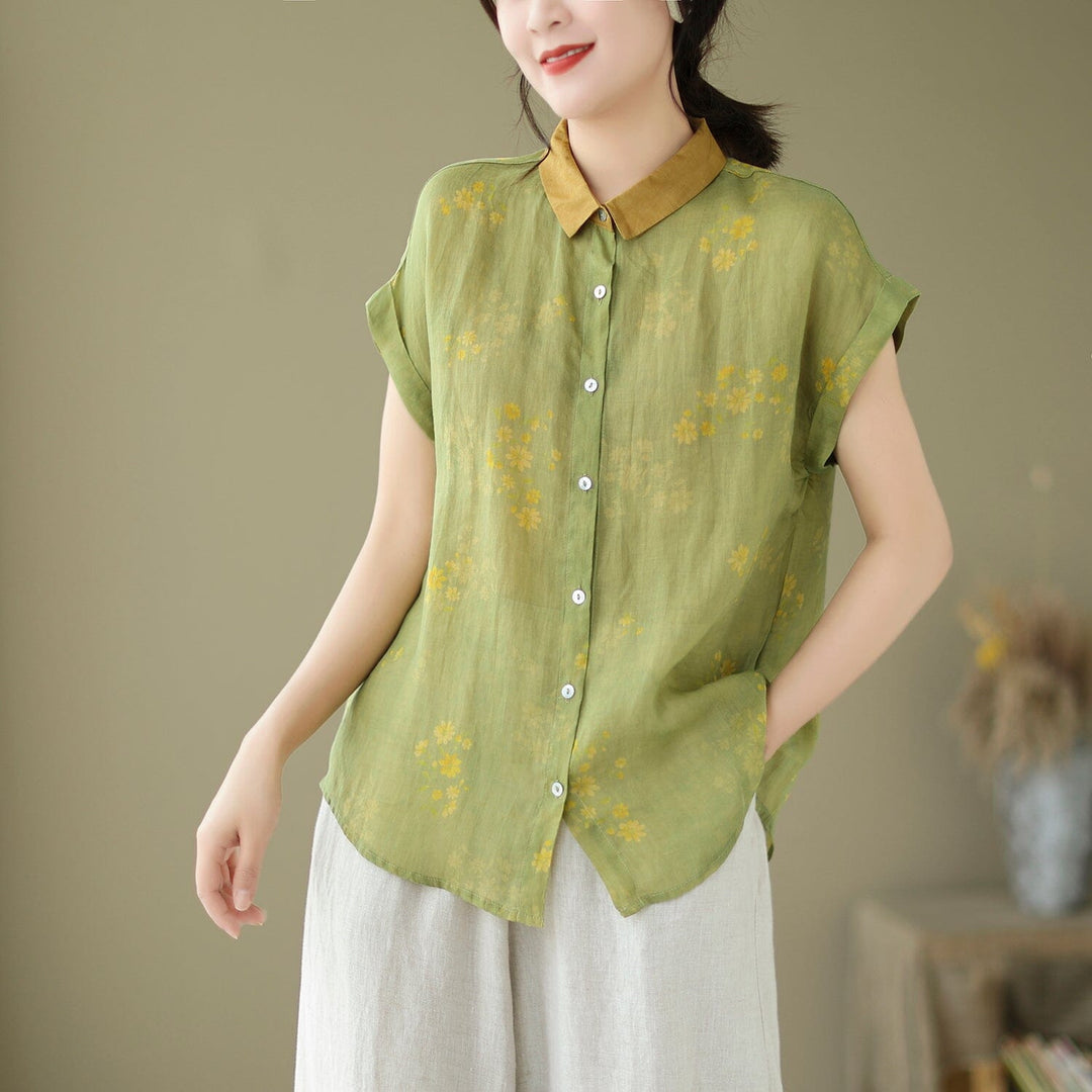 Women Summer Retro Floral Linen Blouse