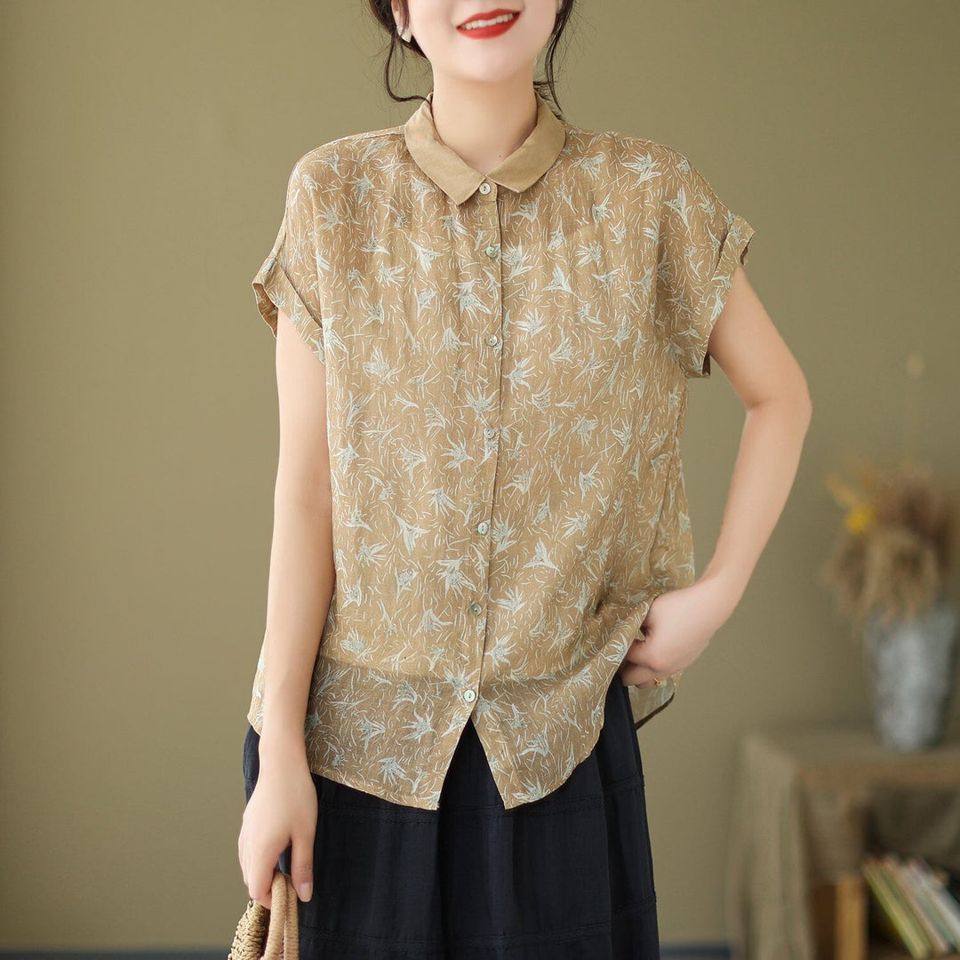 Women Summer Retro Floral Linen Blouse