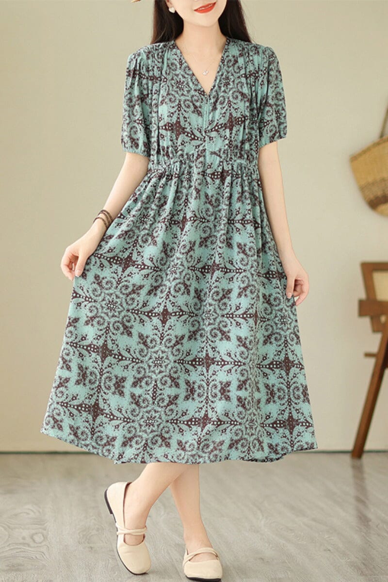 Plus Size Retro Blue Floral Print Chiffon Dress Short Sleeve Summer