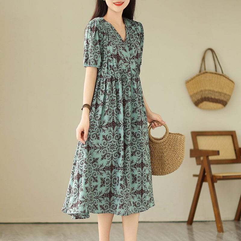 Plus Size Retro Blue Floral Print Chiffon Dress Short Sleeve Summer