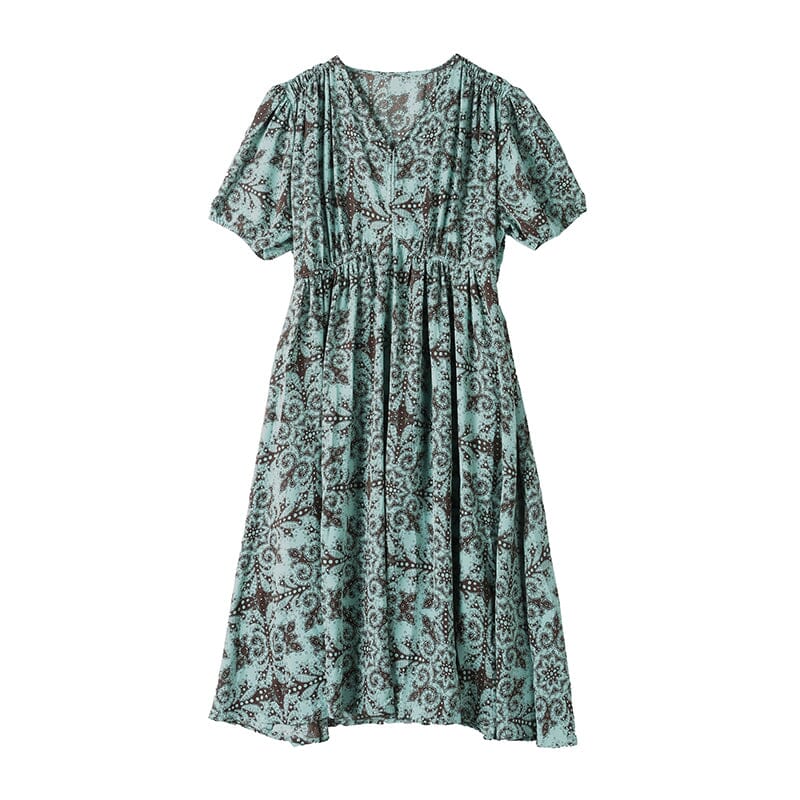 Plus Size Retro Blue Floral Print Chiffon Dress Short Sleeve Summer