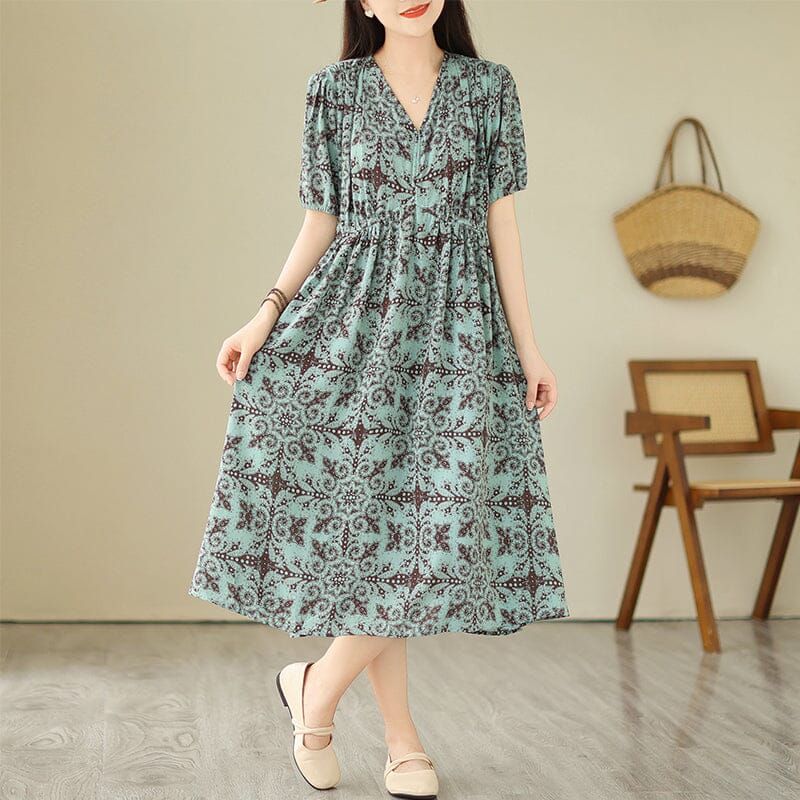 Plus Size Retro Blue Floral Print Chiffon Dress Short Sleeve Summer