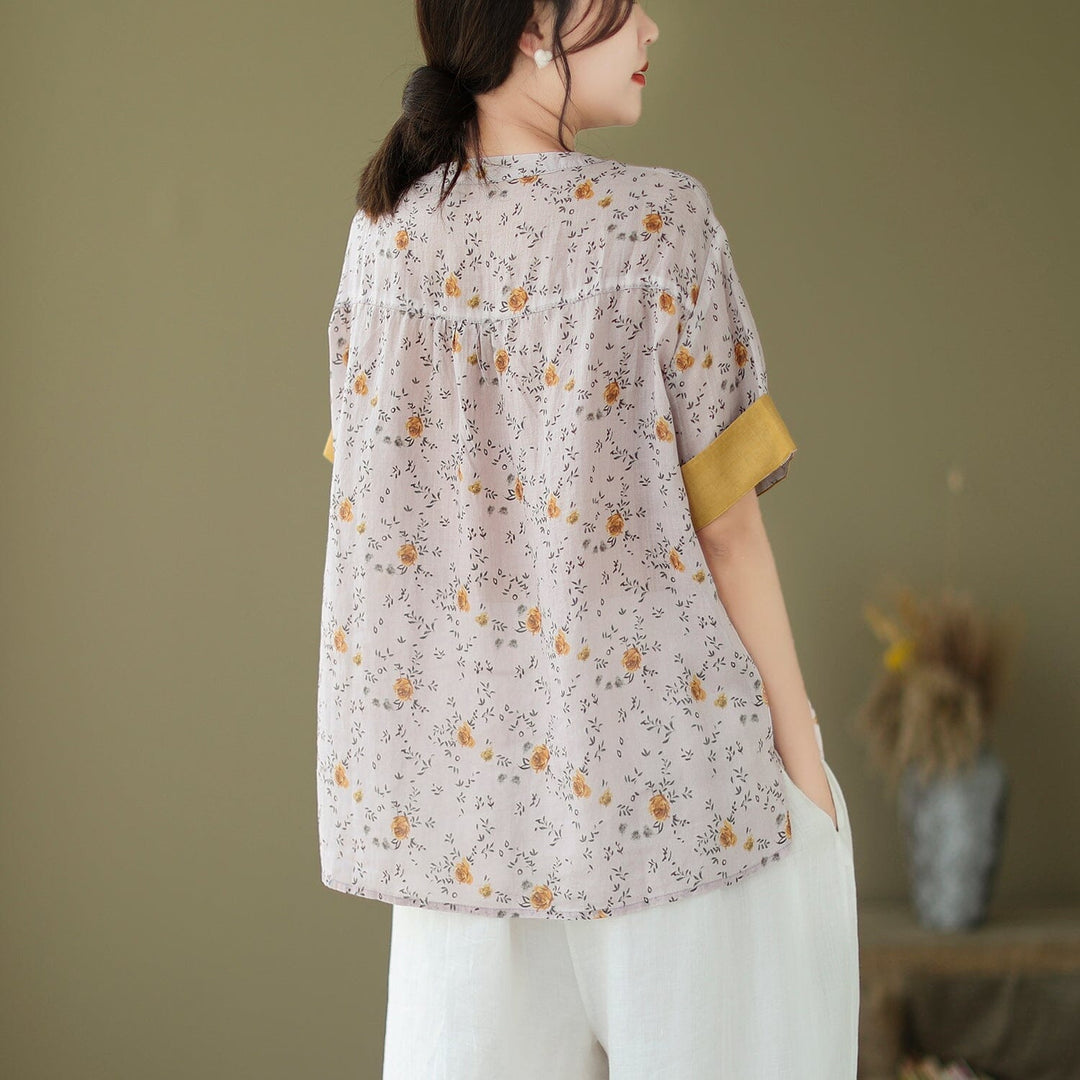 Women Summer Retro Floral Thin Linen Tops