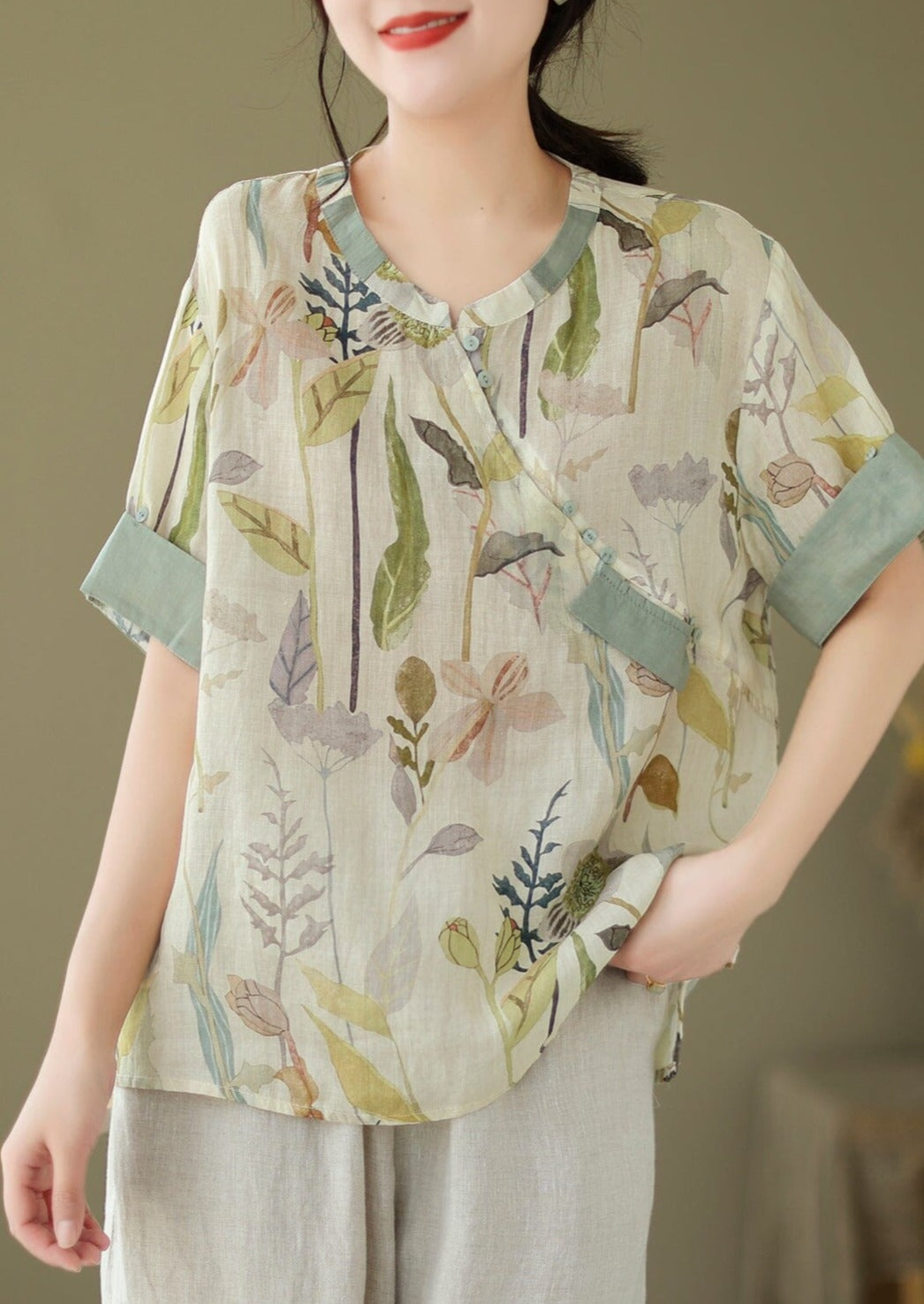 Women Summer Retro Floral Thin Linen Tops