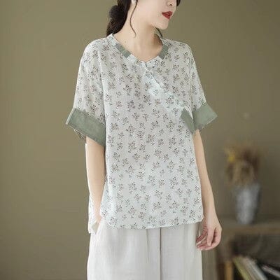 Women Summer Retro Floral Thin Linen Tops