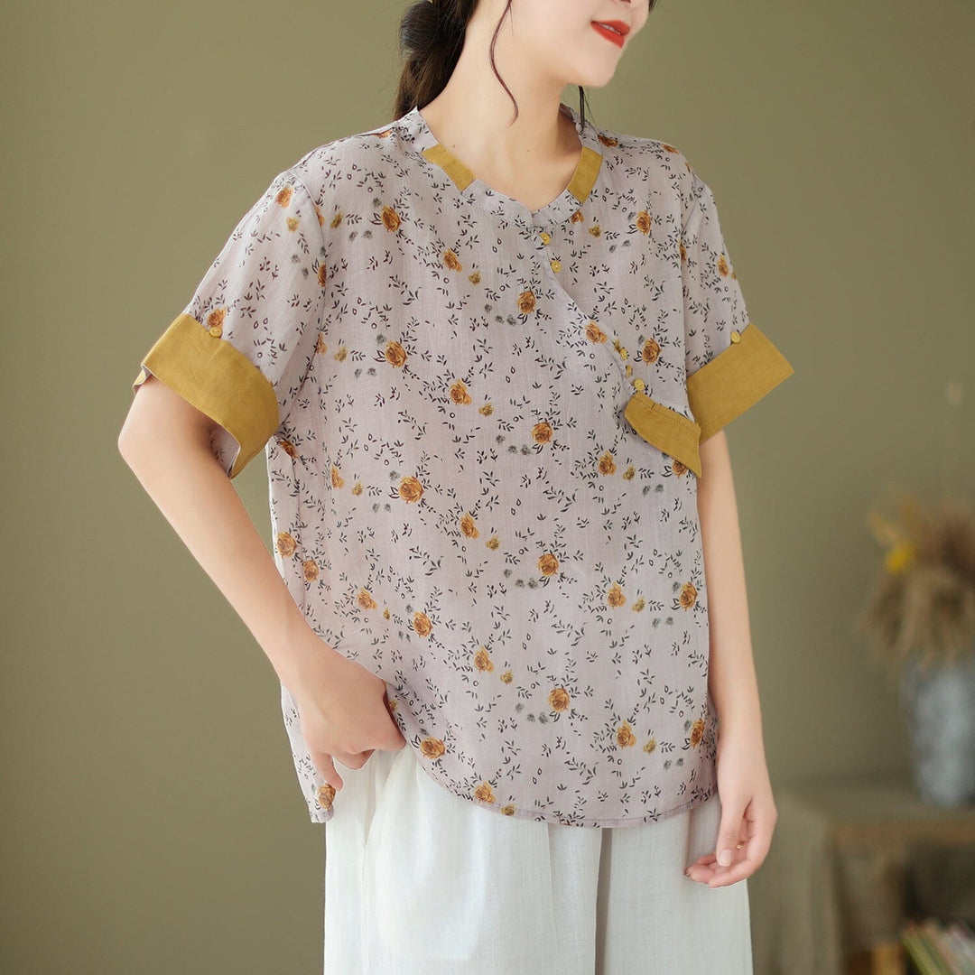 Women Summer Retro Floral Thin Linen Tops