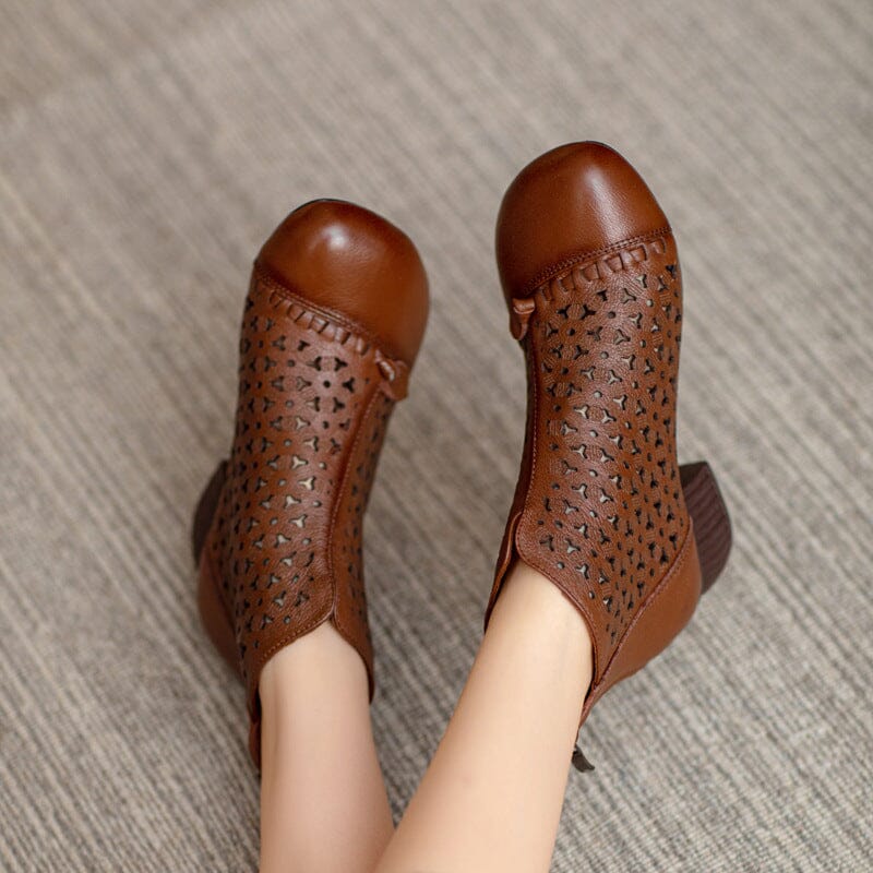 Women Summer Retro Hollow Leather Heels Boots