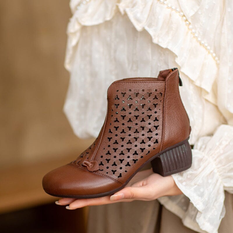 Women Summer Retro Hollow Leather Heels Boots