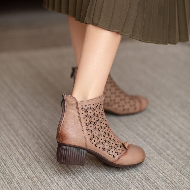 Women Summer Retro Hollow Leather Heels Boots