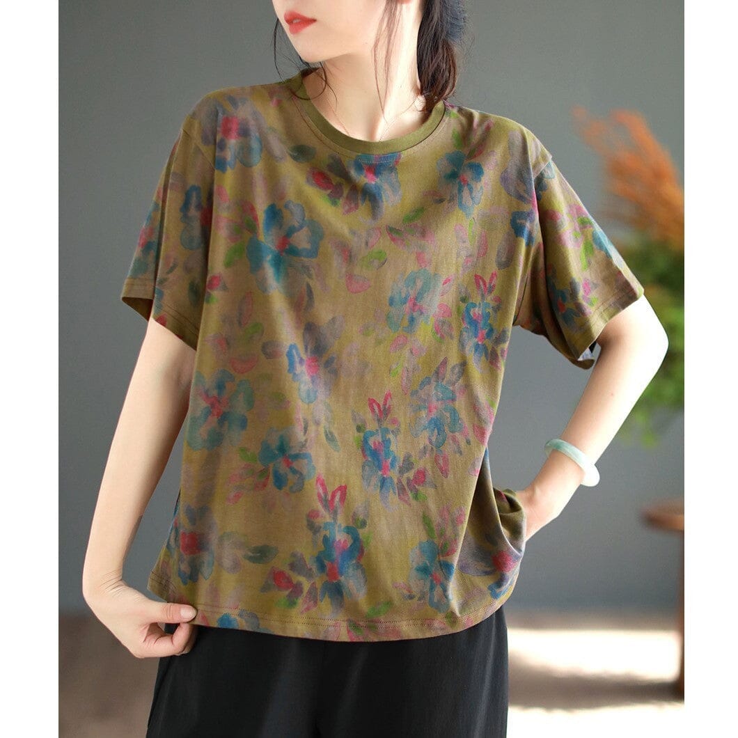 Flower Print Retro Cotton T-Shirt Short Sleeve Summer