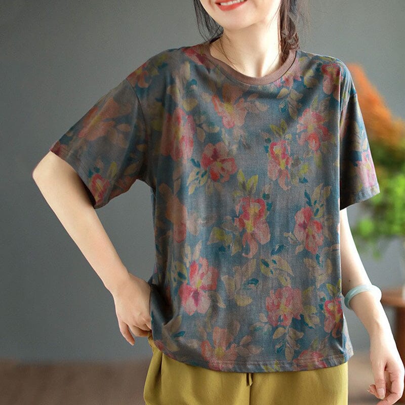 Flower Print Retro Cotton T-Shirt Short Sleeve Summer