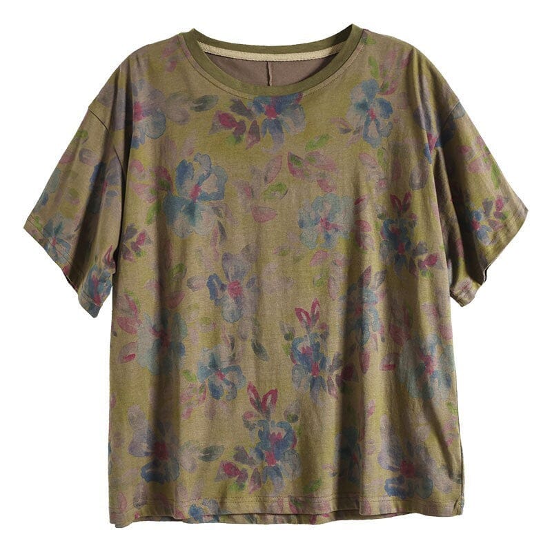 Flower Print Retro Cotton T-Shirt Short Sleeve Summer
