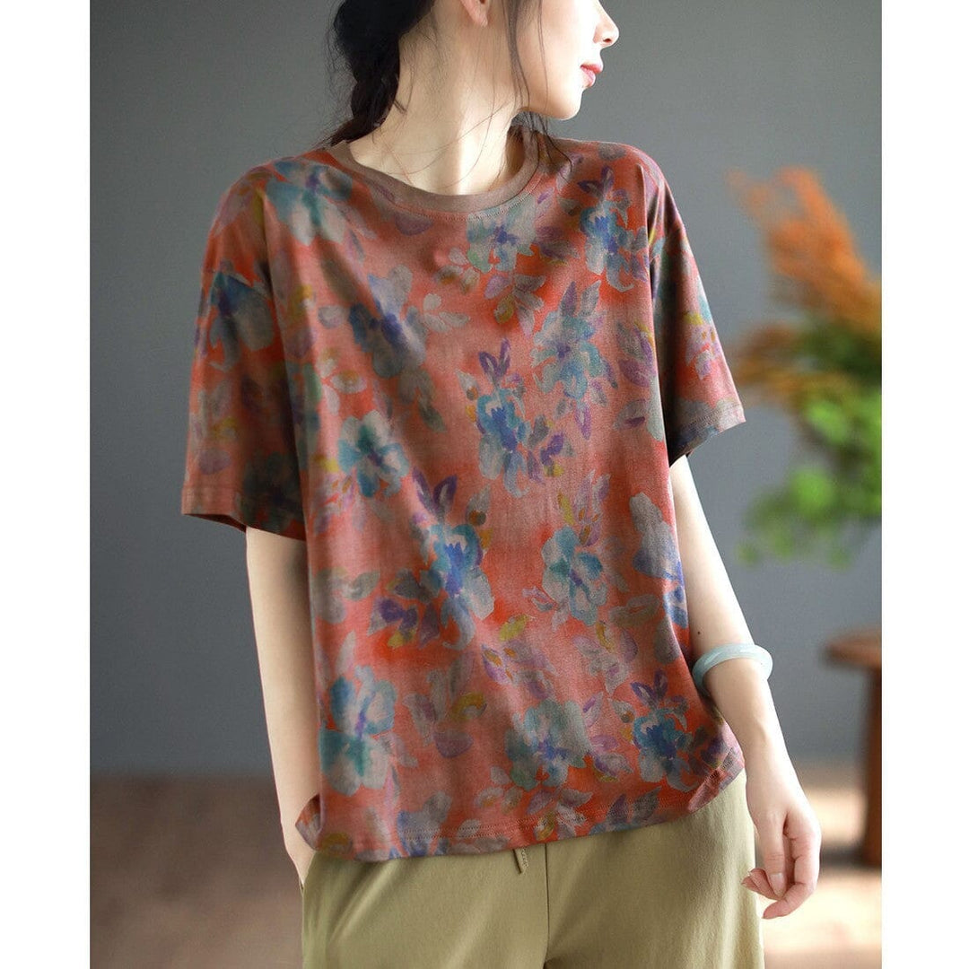 Flower Print Retro Cotton T-Shirt Short Sleeve Summer