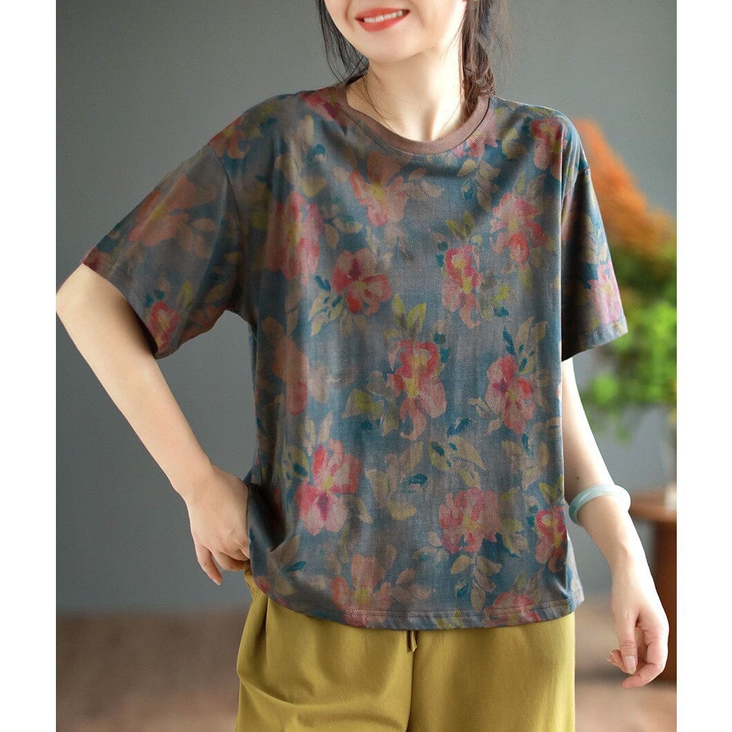 Flower Print Retro Cotton T-Shirt Short Sleeve Summer