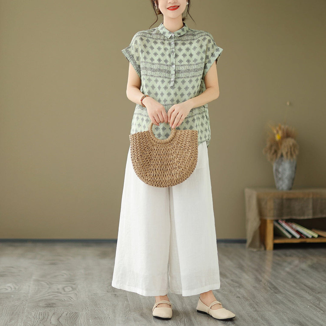 Women Summer Retro Print Linen Minimalist Tops