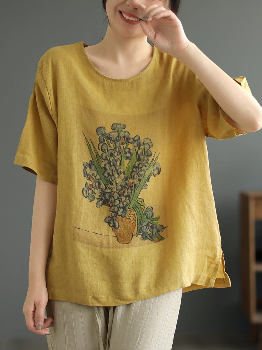 Women Summer Retro Print Linen T-Shirt