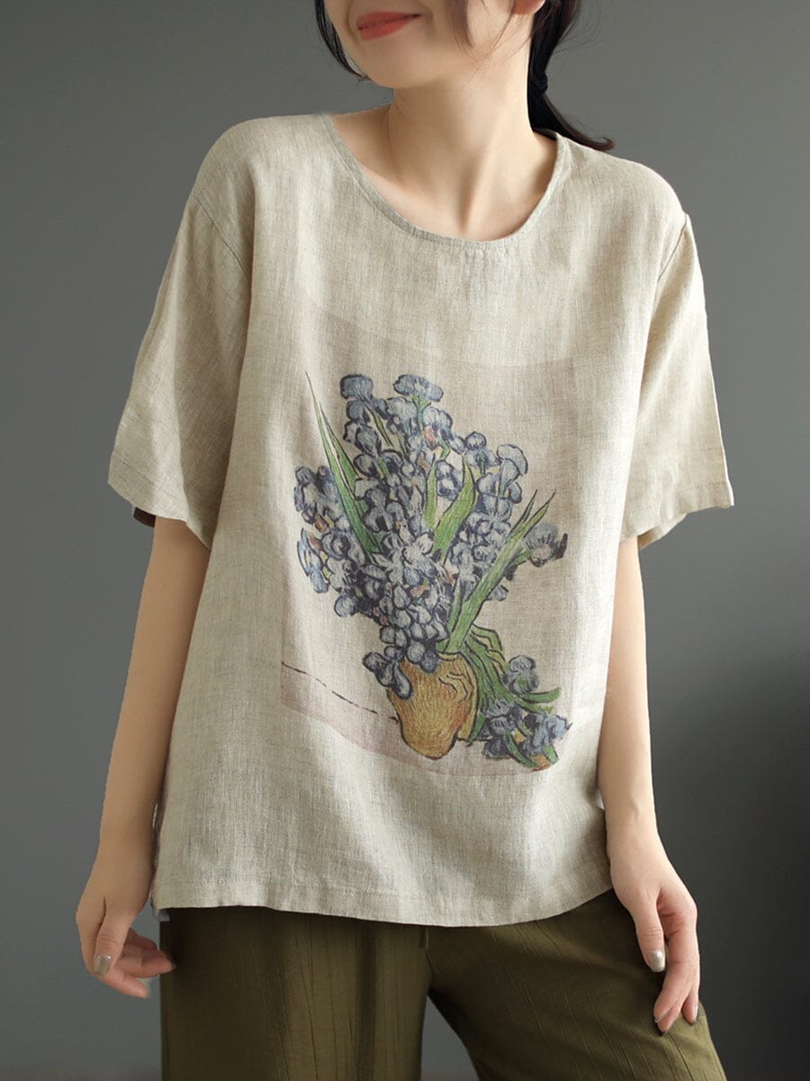 Women Summer Retro Print Linen T-Shirt