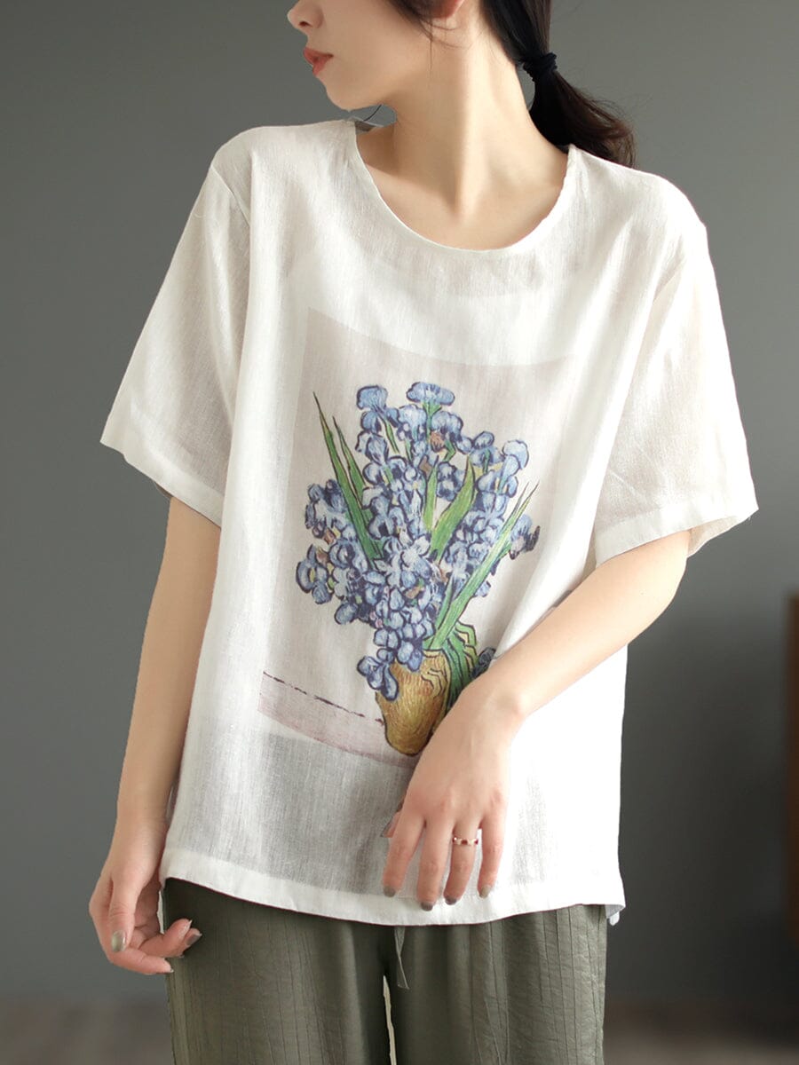 Women Summer Retro Print Linen T-Shirt