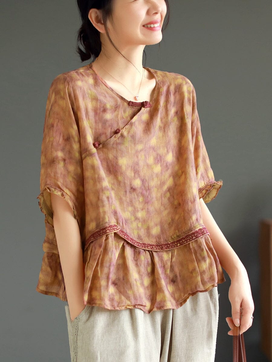 Women Summer Retro V Neck Linen Casual Tops