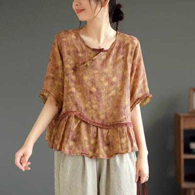 Women Summer Retro V Neck Linen Casual Tops