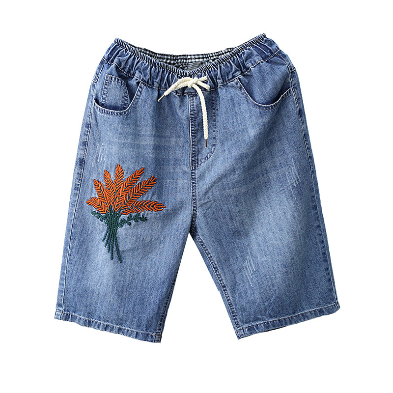 Vintage Embroidery Cotton Denim Shorts Summer