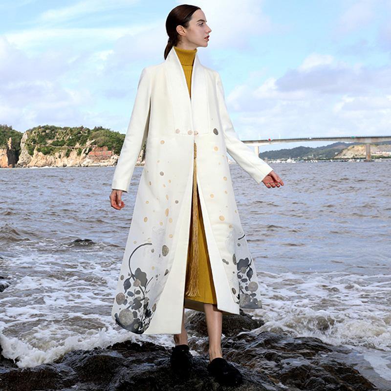 women white Woolen Coats Women plus size Winter coat V neck side open women coats embroider long coats - Omychic