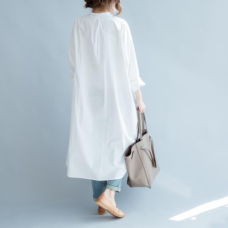 women white cotton shift dress plus size boutique long sleeve baggy dresses Stand asymmetric cotton dresses - Omychic