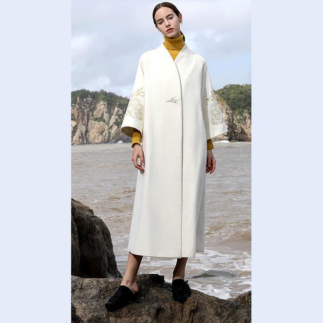 women white woolen coats plus size long coats V neck back side open embroidery flare sleeve  woolen outwear - Omychic
