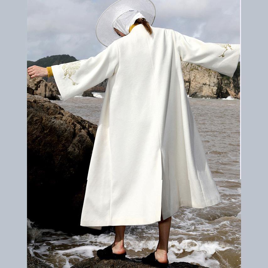 women white woolen coats plus size long coats V neck back side open embroidery flare sleeve  woolen outwear - Omychic