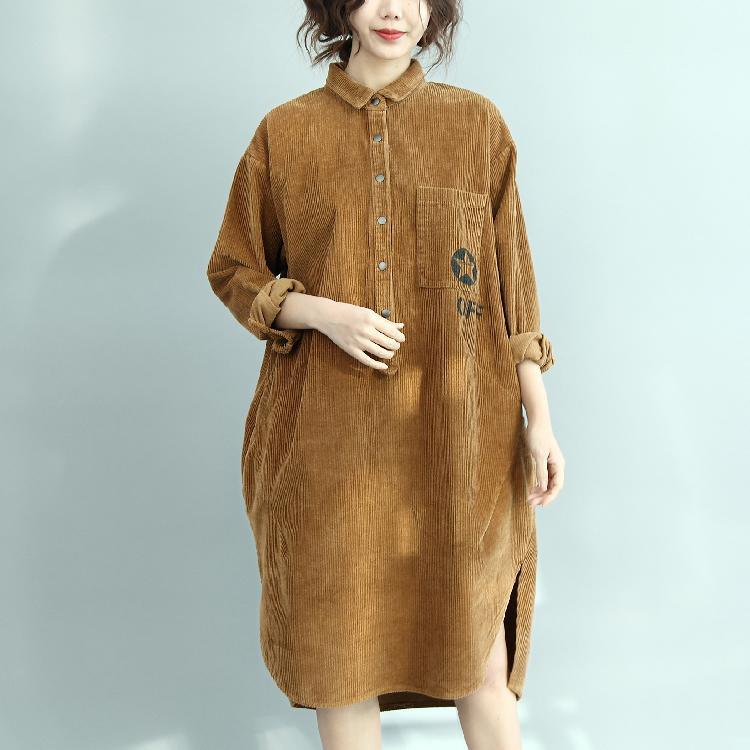 women yellow cotton blended knee dress oversized long sleeve Fine Turn-down Collar side open cotton blended dresses - Omychic