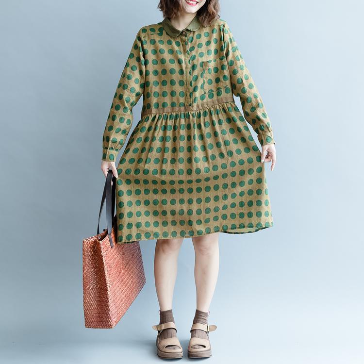 women yellow dotted pure cotton linen dress trendy plus size fall dresses long sleeve pockets top quality Peter pan Collar baggy dresses - Omychic
