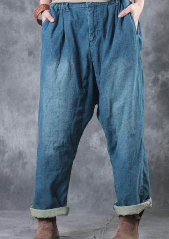 Women 2021 Casual Denim Blue Cotton Pants Loose Elastic Waist Wide Leg Pants - Omychic